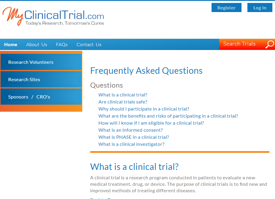 MyClinicalTrial.com faq page
